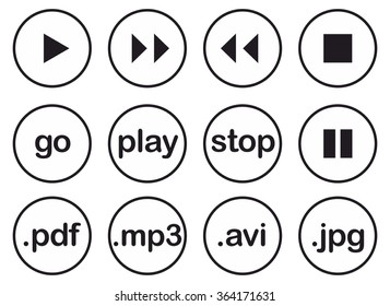 Play button or flat black web vector icon set isolated on white