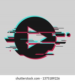 Play button flat icon. Random digital error signal. Glitch with the image of the play button. Clothing design element. Vector illustration