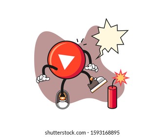 Play button get surprise firecrackers with speech bubble cartoon. Mascot Character vector.