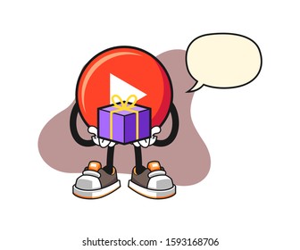 Play button give a gift with speech bubble cartoon. Mascot Character vector.