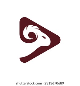 play button with goat head icon creative logo, logo with a minimalist style. Vector Logo Template
