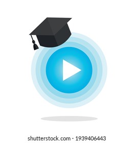 Play button and graduation cap vector illustration. Online education concept background. Education concept vector design element. Online education vector icon or logo design. Multiple uses.