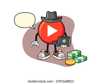 Play button hacker with speech bubble cartoon. Mascot Character vector.