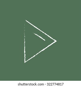 Play button hand drawn in chalk on a blackboard vector white icon isolated on a green background.