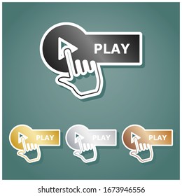 Play button with hand icon sign. Set of metallic Icons with gray, gold, silver and bronze gradient with white contour and shadow at viridan background. Illustration.