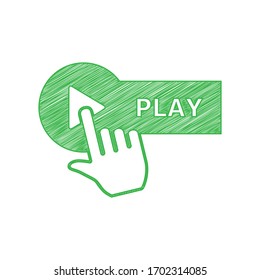 Play button with hand icon sign. Green scribble Icon with solid contour on white background. Illustration.
