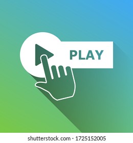 Play button with hand icon sign. White Icon with gray dropped limitless shadow on green to blue background. Illustration.
