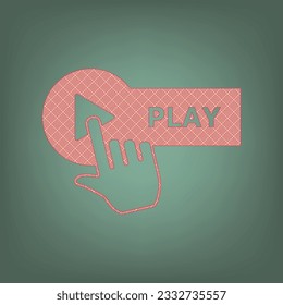 Botón Reproducir con signo de icono de mano. Icono de albaricoque con motivos gráficos de parqué rojo ladrillo en un fondo de Ebony. Feldgrau. Verde. Ilustración.