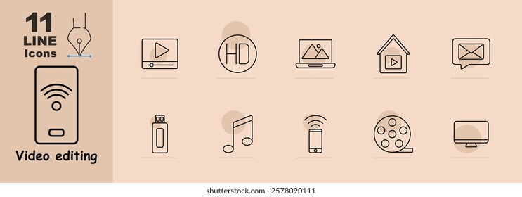 Play button, HD icon, laptop, music note, USB drive, film reel, and browser. Represents multimedia editing tools and features.