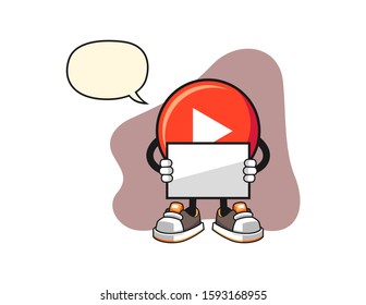 Play button hold banner with speech bubble cartoon. Mascot Character vector.
