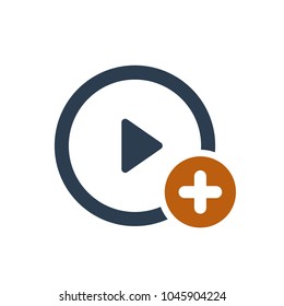 Play button icon with add sign. Play button icon and new, plus, positive symbol. Vector icon