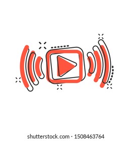 Play Button Icon In Comic Style. Streaming Tv Vector Cartoon Illustration On White Isolated Background. Broadcast Business Concept Splash Effect.