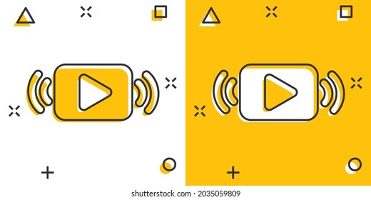 Play button icon in comic style. Streaming tv vector cartoon illustration on white isolated background. Broadcast business concept splash effect.