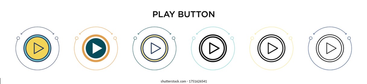 Play button icon in filled, thin line, outline and stroke style. Vector illustration of two colored and black play button vector icons designs can be used for mobile, ui, web
