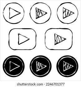 Play Button Icon Hand Drawn Doodle Icon, Sideways Triangle Media Control Button Icon, Triangle Pointing At The Right In Center Of Circle Vector Art Illustration, Doodle Sketch Style