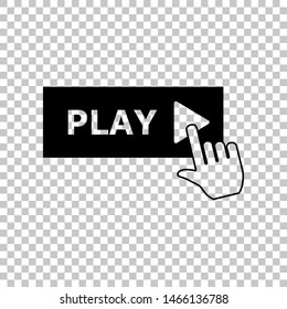 Play button icon with hand sign. Black icon on transparent background. Illustration.