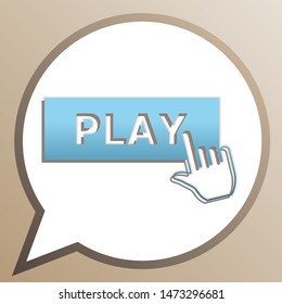 Play button icon with hand sign. Bright cerulean icon in white speech balloon at pale taupe background. Illustration.