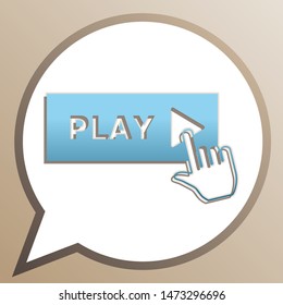 Play button icon with hand sign. Bright cerulean icon in white speech balloon at pale taupe background. Illustration.