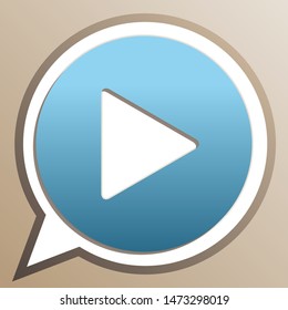 Play button icon with hand sign. Bright cerulean icon in white speech balloon at pale taupe background. Illustration.