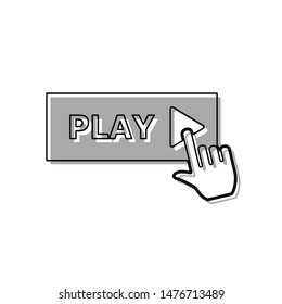 Play button icon with hand sign. Black line icon with gray shifted flat filled icon on white background. Illustration.