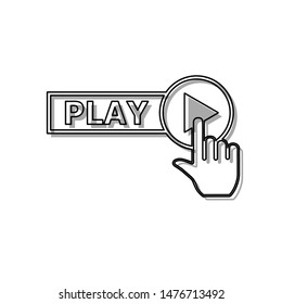 Play button icon with hand sign. Black line icon with gray shifted flat filled icon on white background. Illustration.