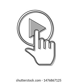 Play button icon with hand sign. Black line icon with gray shifted flat filled icon on white background. Illustration.