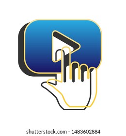 Play button icon with hand sign. Blue icon with gold contour with dark gray shadow at white background. Illustration.