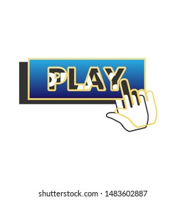 Play button icon with hand sign. Blue icon with gold contour with dark gray shadow at white background. Illustration.