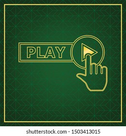 Play button icon with hand sign. Golden icon with gold contour at dark green gridded white background. Illustration.