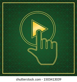 Play button icon with hand sign. Golden icon with gold contour at dark green gridded white background. Illustration.