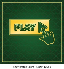 Play button icon with hand sign. Golden icon with gold contour at dark green gridded white background. Illustration.
