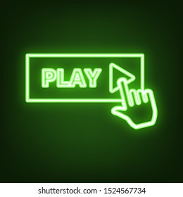 Play button icon with hand sign. Green neon icon in the dark. Blurred lightening. Illustration.