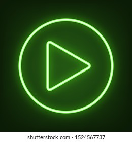 Play button icon with hand sign. Green neon icon in the dark. Blurred lightening. Illustration.