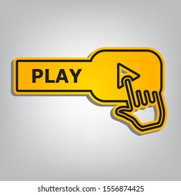Play button icon with hand sign. Flat orange icon with overlapping linear black icon with gray shadow at whitish background. Illustration.