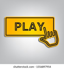 Play button icon with hand sign. Flat orange icon with overlapping linear black icon with gray shadow at whitish background. Illustration.
