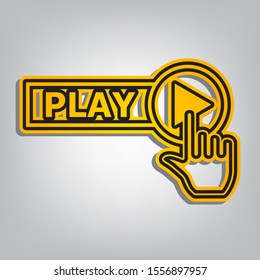 Play button icon with hand sign. Flat orange icon with overlapping linear black icon with gray shadow at whitish background. Illustration.