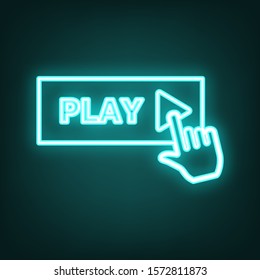 Play button icon with hand sign. Cyan neon icon in the dark. Bluring. Luminescence. Illustration.