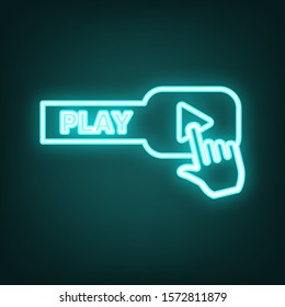Play button icon with hand sign. Cyan neon icon in the dark. Bluring. Luminescence. Illustration.