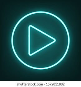 Play button icon with hand sign. Cyan neon icon in the dark. Bluring. Luminescence. Illustration.