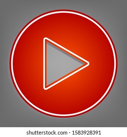 Play button icon with hand sign. Flat red icon with linear white icon with gray shadow at grayish background. Illustration.