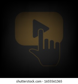Play button icon with hand sign. Icon as grid of small orange light bulb in darkness. Illustration.