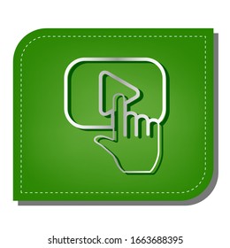 Play button icon with hand sign. Silver gradient line icon with dark green shadow at ecological patched green leaf. Illustration.