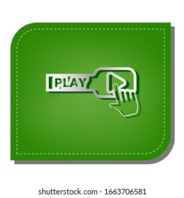 Play button icon with hand sign. Silver gradient line icon with dark green shadow at ecological patched green leaf. Illustration.