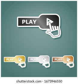 Play button icon with hand sign. Set of metallic Icons with gray, gold, silver and bronze gradient with white contour and shadow at viridan background. Illustration.