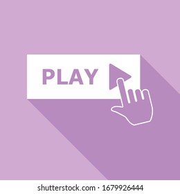 Play button icon with hand sign. White Icon with long shadow at purple background. Illustration.