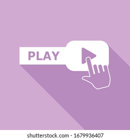 Play button icon with hand sign. White Icon with long shadow at purple background. Illustration.