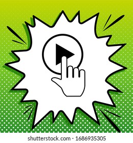 Spielen Sie das Symbol mit dem Handzeichen. Schwarzes Symbol auf weißem Popart Splash auf grünem Hintergrund mit weißen Flecken. Illustration.