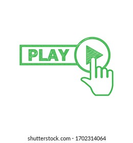 Play button icon with hand sign. Green scribble Icon with solid contour on white background. Illustration.