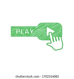 Play button icon with hand sign. Green scribble Icon with solid contour on white background. Illustration.