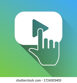 Play button icon with hand sign. White Icon with gray dropped limitless shadow on green to blue background. Illustration.